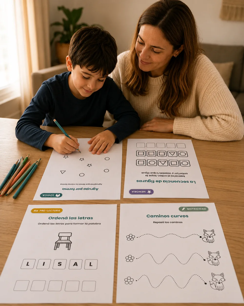 Mamá y su hijo haciendo actividades del Kit Mente Activa sobre la mesa